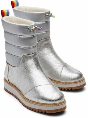 Toms Silver Metallic Quilted Rainbow-Accent Winter Boots